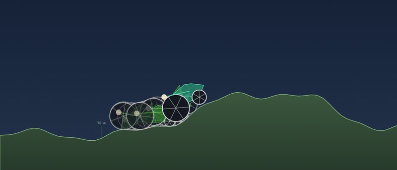 A pack of evolved bikes with big wheels climbing a green hill at night