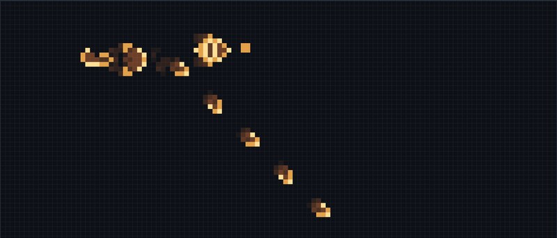 A glider gun of amber cells firing a diagonal stream of small gliders across a dark grid