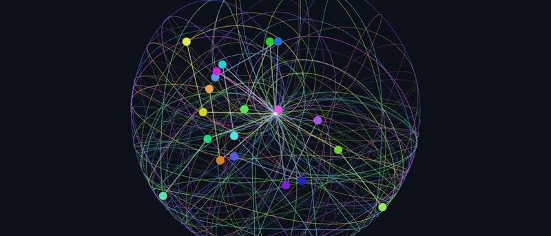 The tangled, glowing trails of ten double pendulums that started almost together and have scattered across the screen
