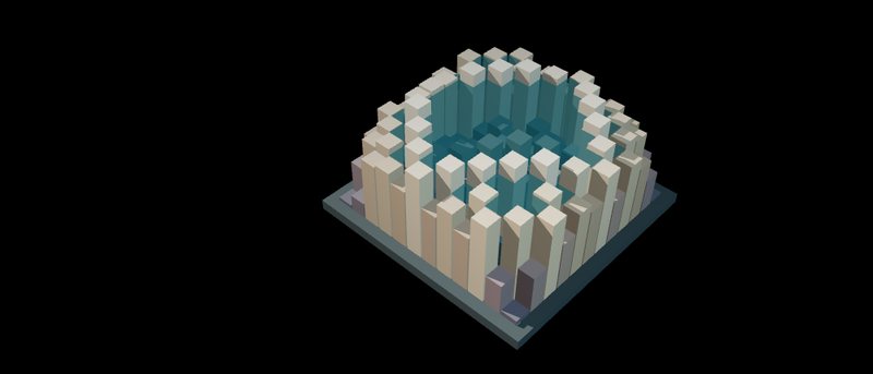 A magic square drawn as columns of stone, with water pooled in its low middle