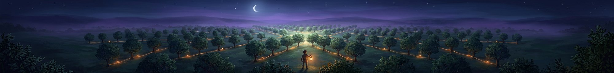 A wide moonlit orchard whose trees stand along glowing lines that cross like a star; an explorer with a lantern stands among them.